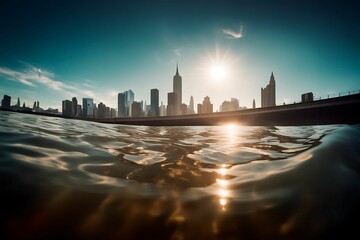 A split-level shot capturing a cityscape from the perspective of a river, with the camera half-submerged. The bottom half of the frame reveals the riverbed, while the top half shows a blurred city sky