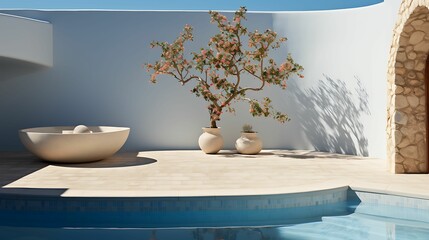 A minimalist hot spring pool designed in Mediterranean style, featuring white stone walls and blue tiles.