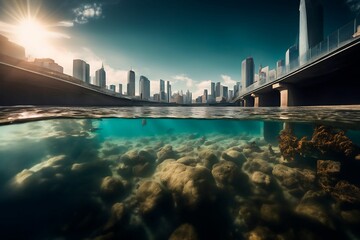 A split-level shot capturing a cityscape from the perspective of a river, with the camera...