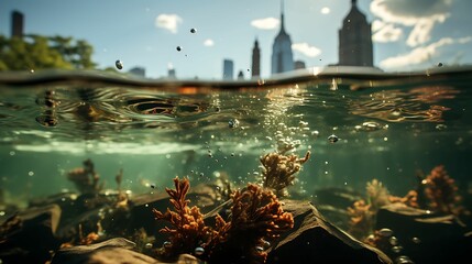 A split-level shot capturing a cityscape from the perspective of a river, with the camera half-submerged. The bottom half of the frame reveals the riverbed, while the top half shows a blurred city sky