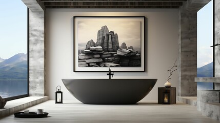 An interior shot of a bedroom featuring a Japandi-style design, complete with a freestanding bathtub in the room. The space is adorned with multiple black and white framed artworks on the wall.