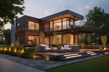 An evening view of a modern house with a yard and outdoor seating. Generative AI