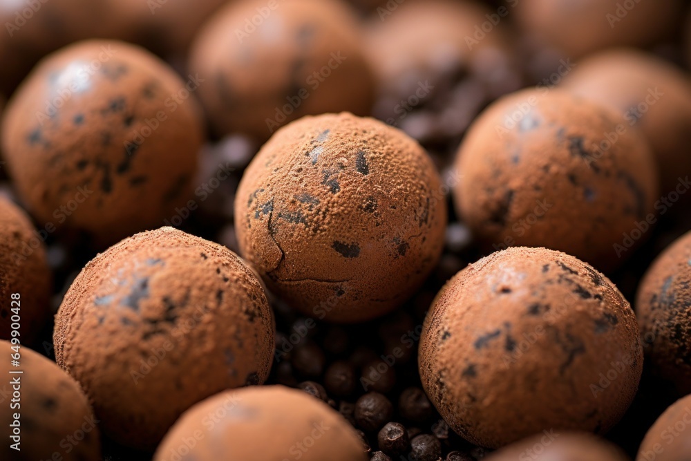 Poster a pile of chocolate balls sitting on top of a pile of coffee beans. this image can be used to depict