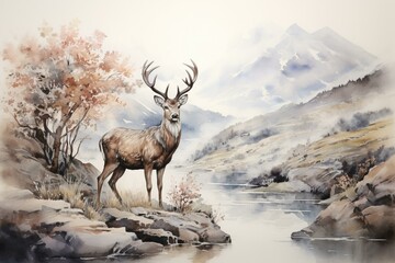 a wild deer quenching its thirst amidst scenic mountain landscapes. Generative AI - obrazy, fototapety, plakaty