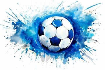 Abstract sport painting of a blue watercolor soccer ball. Artistic wall decoration with a watercolor illustration of sport. Generative AI