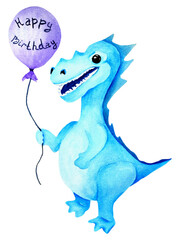 Watercolor cartoon dinosaur with balloon