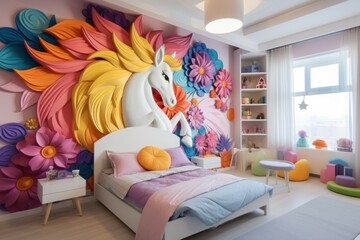 Whimsical Unicorn kids room pink. House furniture. Generate Ai