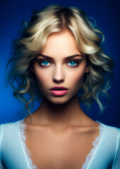 Blonde woman in blue clothes on a conceptual blue background for frame