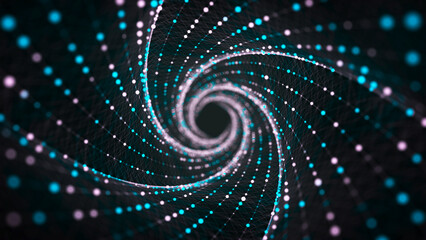 Abstract circle speed tunnel with blue light on black background. Science background with dots and lines moving in a spiral. Wormhole technology. Digital structure with particles. 3d rendering.