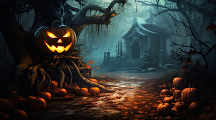 Old abandoned house in the autumn forest with Halloween decoration, generative ai