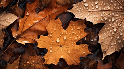 Macro view of rain-kissed autumn leaves fallen on the ground