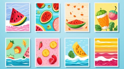 Embrace the essence of summer with this collection of vector illustrations featuring ice cream, ripe bananas, juicy watermelons, beach shorts, and the tranquil sea
