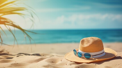 Embrace the summer holiday vibe with a straw hat, exotic cocktail, and stylish sunglasses laid out on a sandy beach. It's the perfect embodiment of the summer vacation spirit