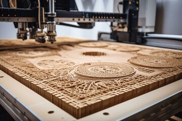 Two automated machines cut unique designs on wooden boards. Generative AI