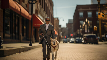 A blind, disabled man with black sunglasses and a dog walks through a city street