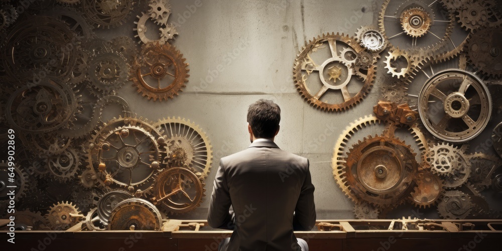 Poster brainstorm and headwork: a businessman captured in a photographic moment, contemplating gear mechani