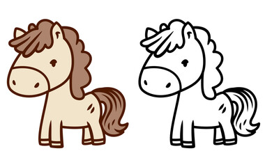 Cute horse in doodle style vector illustration, Cute pony in doodle cartoon colored and black and white stock vector image