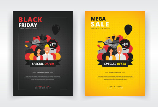 Poster, flyer or leaflet template with a design of smiling store employees and shopping items. Suitable for black friday, clearance or any other kind of sales event