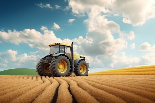 Cross-section of farmland with tractor, on beautiful farm landscape and clouds background. 3D illustration, wheat farm land harvesting. Generative AI