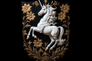 A crest with a white unicorn on a black background. Generative AI