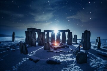 Stonehenge in Wiltshire during winter solstice. Generative AI