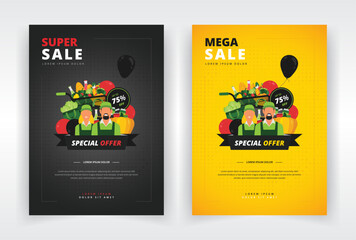 Poster, flyer or leaflet template with a design of smiling shop workers and grocery items. Suitable for black friday, seasonal or any other kind of sales event in a supermarket or retail store - obrazy, fototapety, plakaty