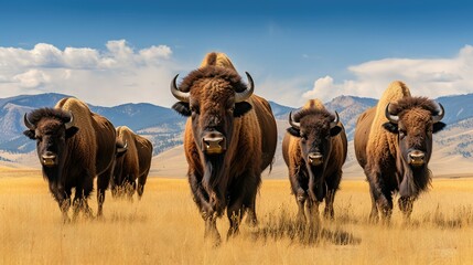 prairie grassland bison herd illustration american animal, park outdoors, landscape grass prairie...