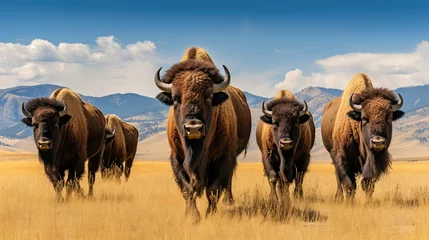 Fotobehang prairie grassland bison herd illustration american animal, park outdoors, landscape grass prairie grassland bison herd © sevector