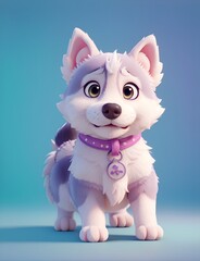 World Animal Day. A cute Kawaii tiny hyper realistic Husky puppy with a traet wrapped with wrapping paper in his mouth with a plain bright color background. wide angle full body, 8k, Cinematography