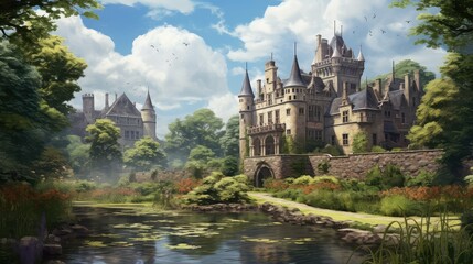 Obraz premium building belgian countryside castles illustration europe castle, tourism landmark, sky travel building belgian countryside castles
