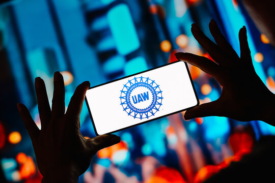September 19, 2023, Brazil. In this photo illustration, the United Auto Workers (UAW) logo is displayed on a smartphone screen.