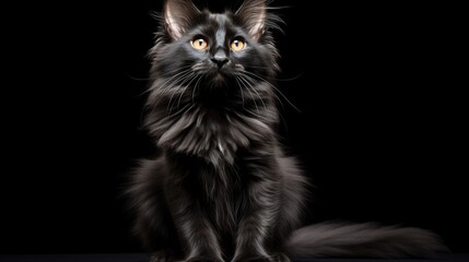  a black cat with yellow eyes is sitting in front of a black background.  generative ai