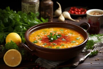 Popular Turkish soup made from red lentils. Generative AI