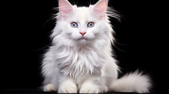  a white cat with blue eyes sitting on a black surface.  generative ai