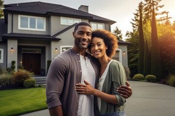 Real estate, happy family concept. Portrait of young, happy and beautiful couple standing in front of house. Generative AI