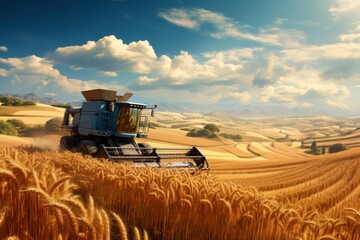 Fototapeta premium Vast Combine harvest wheat field rural. Work barley. Generate Ai