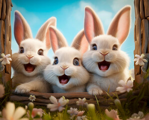 Three cutes and smiling bunnies are peeking out of a frame. Ilustration. Created with generative AI technology