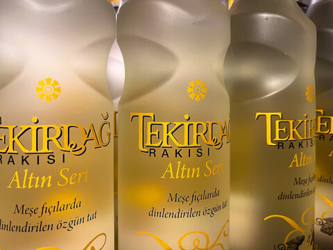 Close up view of famous Turkish liquor brand's bottles on supermarket shelf