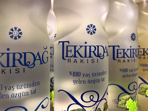 Close up view of famous Turkish liquor brand's bottles on supermarket shelf