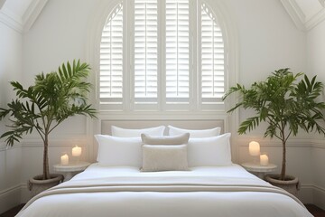 Elegant white shutters adorn bedroom with a mesmerizing indoor plantation ambiance. Generative AI - obrazy, fototapety, plakaty