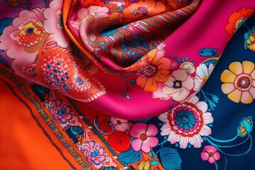 Vibrant scarf with floral and geometric patterns on a bright background. Generative AI