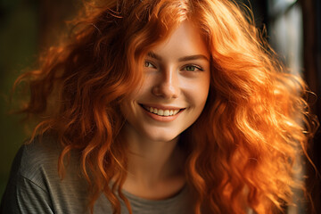 Fototapeta premium Beauty, make-up, lifestyles concept. Beautiful and happy young woman close-up outdoor portrait. Long hair brunette model smiling and looking at camera. Generative AI