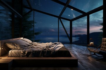 Obraz na płótnie Canvas Bedroom with low bed under starry sky. Generative AI