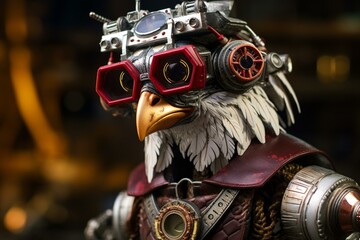 Steampunk robot chicken with cyborg features, futuristic goggles. Generative AI