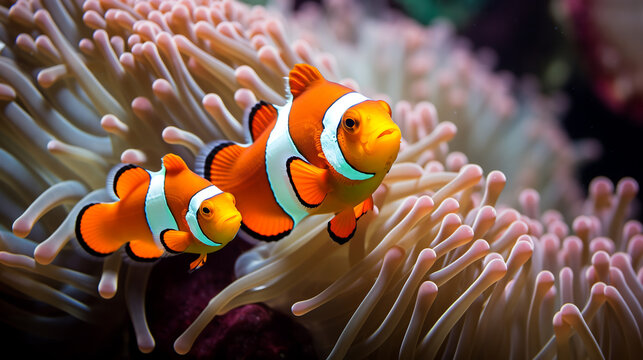 a group of clown fish swimming around anemone in an aquarium. ai generative