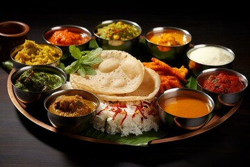 Assorted South Indian delicacies on banana leaves with vibrant chutneys: dosa, uttapam, idli, vada, sambar, appam, halwa, upma. Generative AI