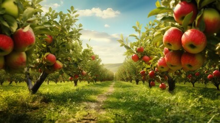 fruit countryside apple orchards illustration red organic, fresh agriculture, garden ripe fruit countryside apple orchards - obrazy, fototapety, plakaty
