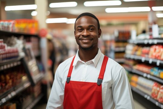 Portrait Of A Smiling Black Employee At His Supermarket Workplace. Generative AI