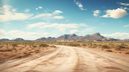 Fototapeta na wymiar Sand desert hot dirty road path. Outdoor arizona western nature landscape background. Road trip travel adventure explore vibe.ai generative