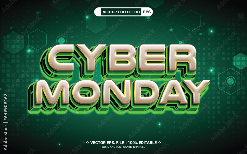 Poster cyber monday green neon light 3d editable vector text effect with technology background